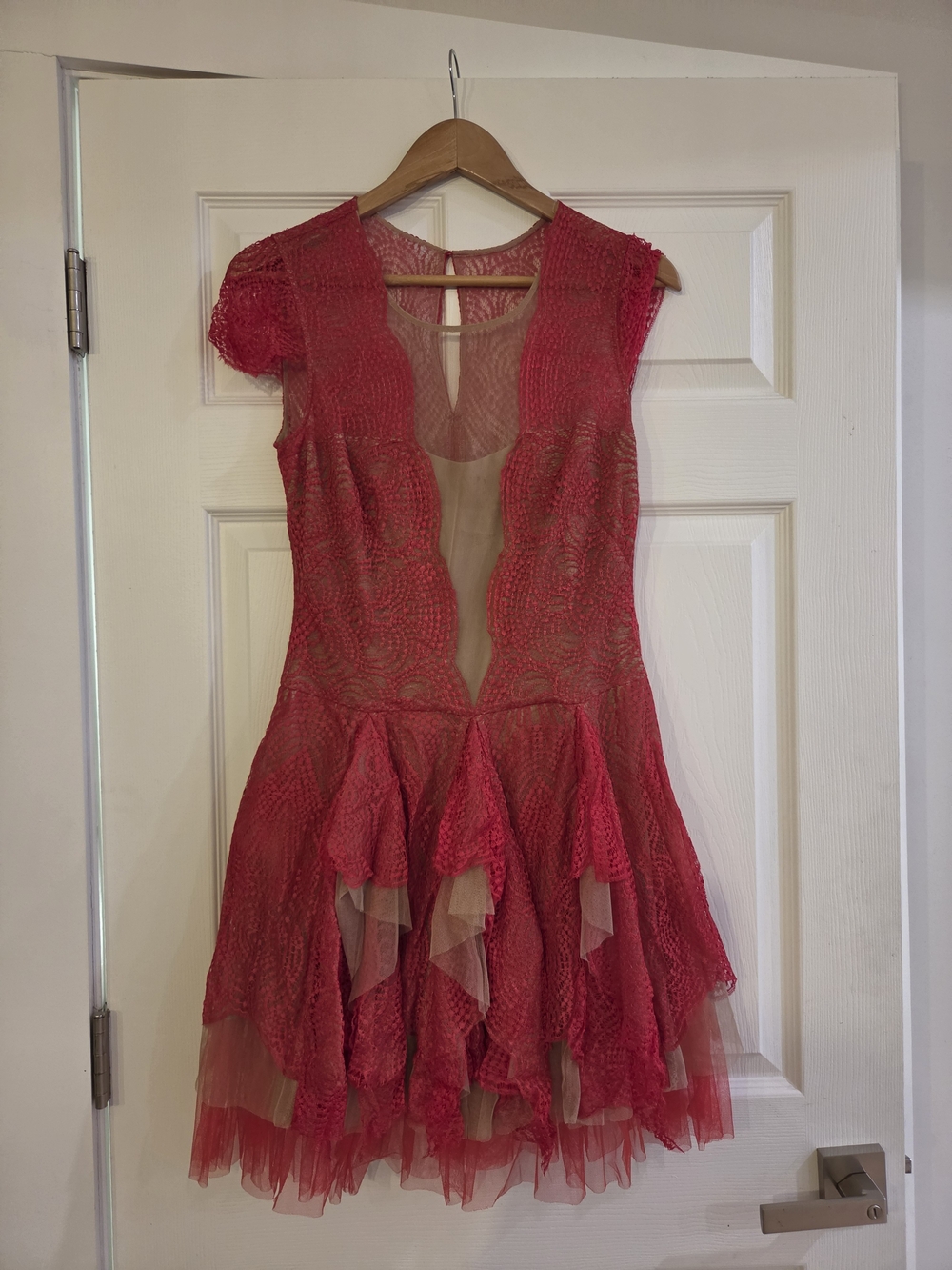 Red Lace Fit-and-Flare Dress with Tulle Skirt
